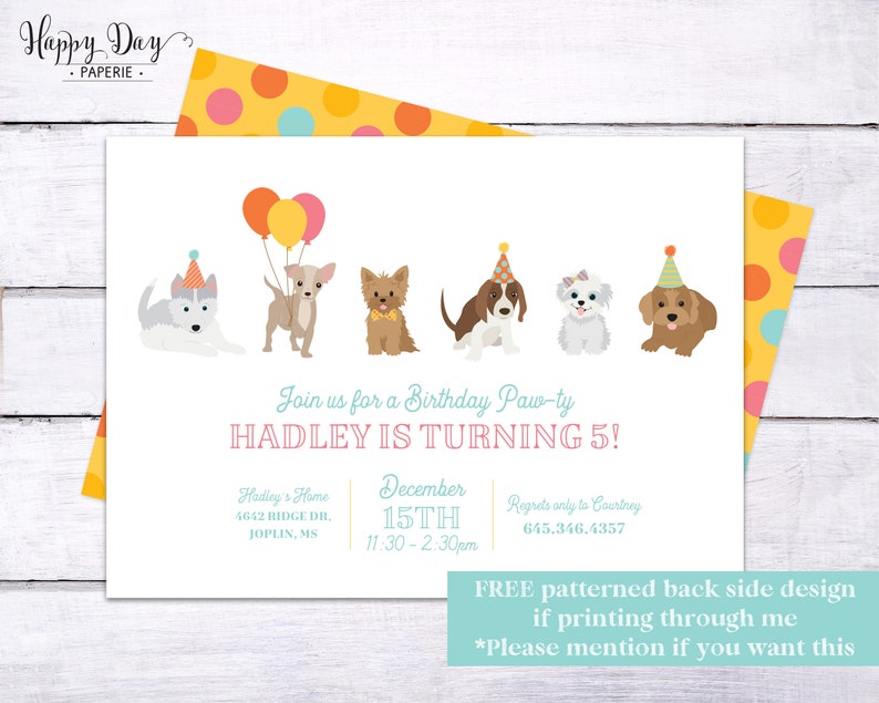 May include: A colorful birthday party invitation with a paw print design. The invitation features a line of cartoon dogs wearing party hats and holding balloons. The text reads "Join us for a Birthday Paw-ty Hadley is turning 5!" with the date and time of the party listed below.