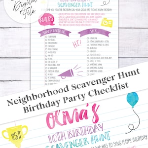 Neighborhood Scavenger Hunt Birthday Party Checklist Custom Digital, Printable image 3
