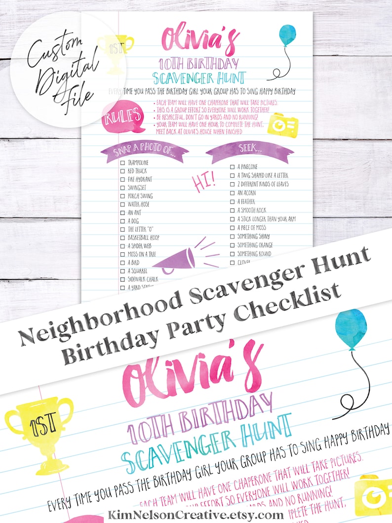 Neighborhood Scavenger Hunt Birthday Party Checklist Custom Digital, Printable image 3