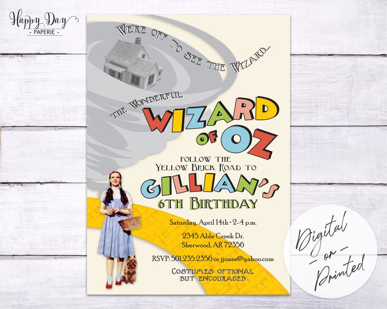 Wizard of Oz Custom DIGITAL or printed Birthday Party Invitation Invite for any age BOY or GIRL image 1