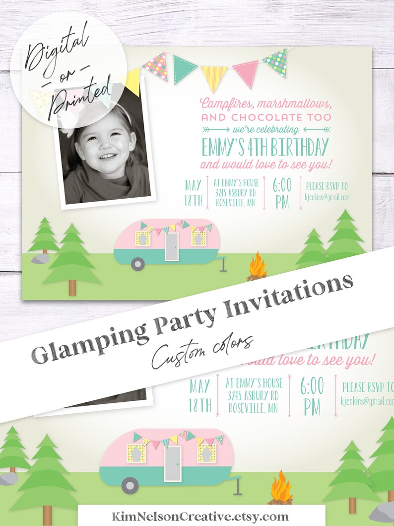 May include: A pink and teal camper van with a campfire in front of it. The invitation says "Campfires, marshmallows, and chocolate too. We're celebrating Emmy's 4th birthday and would love to see you!"  May 18th at 6:00 PM at 3745 Asbury Rd, Roseville, MN. Please RSVP to kjenkins@gmail.com.