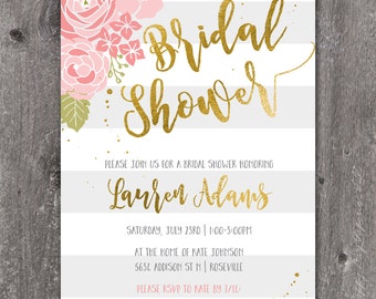 Floral Bridal Shower Invitation | Custom | Wedding Shower Invitation | Bold Stripe Bridal Shower | Bridal Shower Invite | Digital or Printed