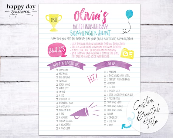 Neighborhood Scavenger Hunt Birthday Party Checklist | Custom | Digital, Printable Il_570xn