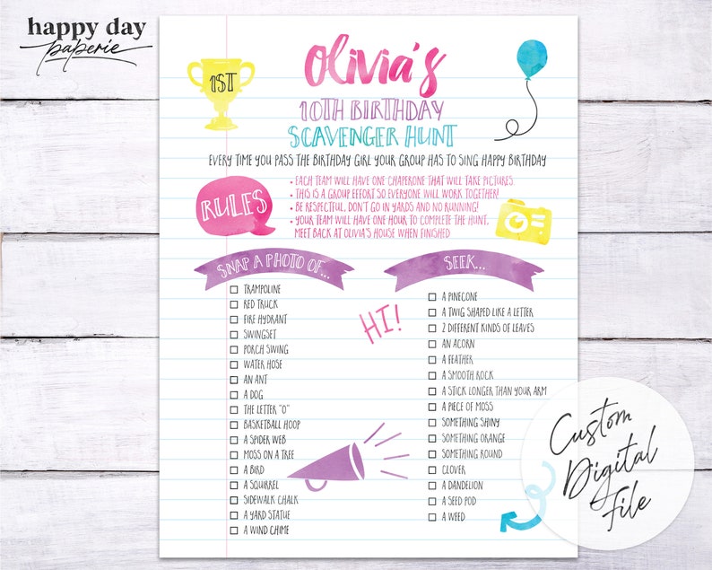 Neighborhood Scavenger Hunt Birthday Party Checklist Custom Digital, Printable image 1