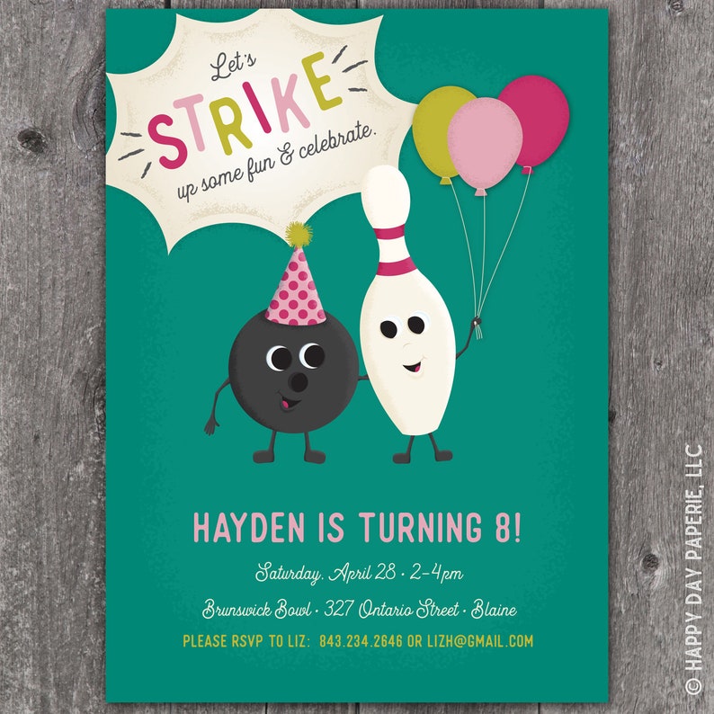 Bowling Birthday Invitation Strike Up Some Fun pink Custom Etsy