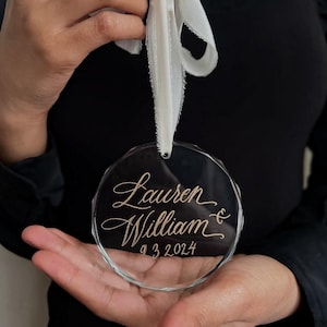 Calligraphy Engraved Crystal Ornament Personalized with Your Names and Special Date