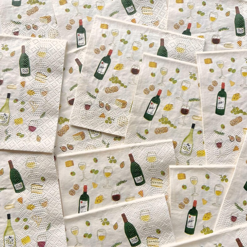 Servilletas de cóctel para vino y queso, juego de 20 unidades, decoración para catas de vino, servilletas con motivos de viñedos, mesa para noche de chicas, regalo para anfitriona de inauguración de casa imagen 2