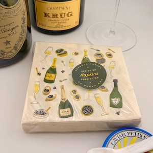 Servilletas de cóctel con diseño de caviar y champán (paquete de 20), servilletas para fiesta de Nochevieja, servilletas doradas para bebidas de Año Nuevo, servilletas desechables compostables.