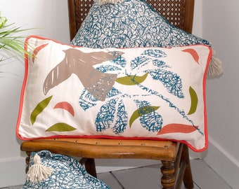 Bird Print Modern Rustic Handprinted Lumbar Cushion