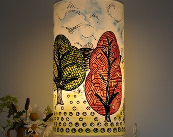 Table Lamp Trees & Fields - Handprinted fabric - Decorative Light