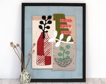 Fabric Collage Framed Still Life Picture/Vase and Leaf