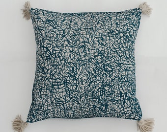 Linen Blue Abstract Print Cushion, 16'' x 16''