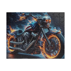 Cool American Motorcycle with Flames Jigsaw Puzzle (110, 252, 520-piece) Bold Biker Design for Motorcycle Enthusiasts