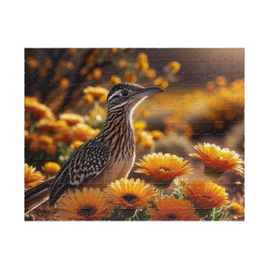 Jigsaw Puzzle of a Greater Roadrunner Beside Blooming Desert Marigolds, 252/512 Pieces, Made in USA
