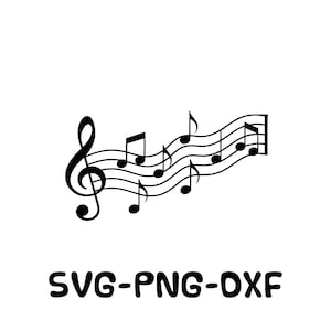 May include: Black and white illustration of a musical staff with a treble clef and musical notes. The text "SVG-PNG-DXF" is below the musical staff.