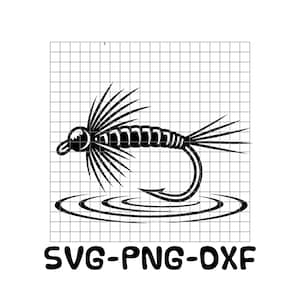 May include: Black and white illustration of a fly fishing lure, with a curved hook and detailed body. The lure is depicted above water ripples. The text "SVG-PNG-DXF" is at the bottom.