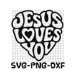 May include: A black and white graphic design featuring the text JESUS LOVES YOU arranged in a heart shape with a grid overlay. The letter O in LOVES is replaced by a heart symbol. Below the heart, the text SVG-PNG-DXF is printed in black.
