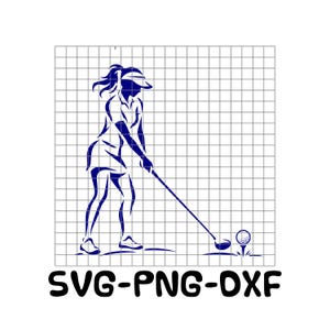 May include: A dark blue digital graphic illustration of a golfer wearing a visor, shirt, and skirt, holding a golf club and preparing to hit a golf ball on a tee. The design is overlaid on a white grid background with the text SVG-PNG-DXF below.