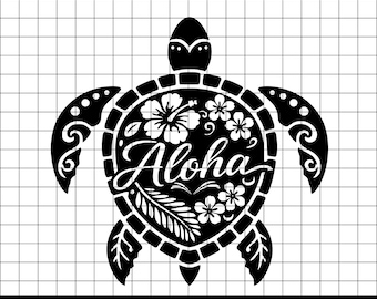 Aloha Turtle SVG, Hawaiian Sea Turtle Cut File, Tropical Hibiscus Turtle Design, Beach Monogram SVG, Summer Cricut Silhouette File