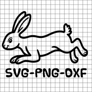 Può includere: Illustrazione in bianco e nero di un coniglio che corre. Il coniglio è disegnato in stile cartone animato con grandi orecchie e un viso sorridente. Il testo "SVG-PNG-DXF" è sotto.