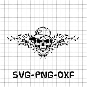 May include: Black and white graphic of a skull wearing a baseball cap with the letters "SFQ" on it. The skull has flames extending from the sides. The text "SVG-PNG-DXF" is at the bottom.