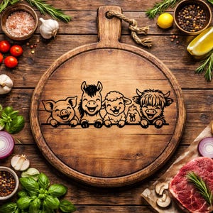 May include: A round wooden cutting board with a handle, featuring a carved design of smiling farm animals: a pig, horse, sheep, chicken, and cow. The board is surrounded by fresh ingredients like tomatoes, garlic, and herbs.