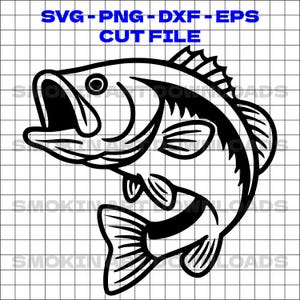 Pode incluir: Ilustração em preto e branco de um peixe robalo. O peixe é retratado com a boca aberta, e o texto "SVG - PNG - DXF - EPS CUT FILE" está acima do peixe.