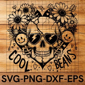 May include: Black and white graphic of a skull wearing sunglasses with lightning bolt lenses, surrounded by flowers and a heart shape. The text "COOL BEANS" and "SVG-PNG-DXF-EPS" are also included in the design.