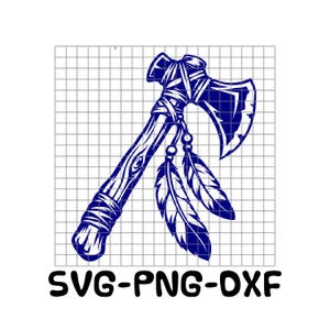 May include: A dark blue graphic illustration of a tomahawk axe featuring a wooden handle texture, wrapped bindings, and two hanging feathers. The design is centered on a white grid background with the text SVG-PNG-DXF printed below.