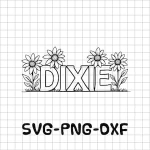 Może przedstawiać: Czarno-biała grafika liniowa z napisem "DIXIE", ozdobiona czterema stokrotkami i trawą. Pod nazwą znajduje się tekst "SVG-PNG-DXF", wskazujący formaty plików.