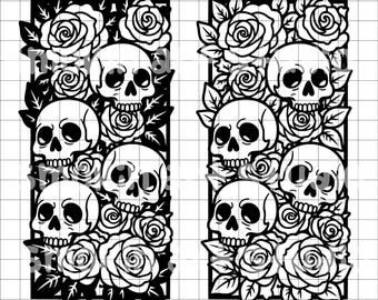 Fichier de coupe SVG vertical de têtes de mort et de roses | Conception florale gothique de crâne | 2 versions de conception pour gravure laser et fichiers découpés pour traceur de signes Cricut