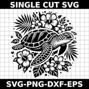 May include: A black and white SVG design of a sea turtle, framed by tropical flowers and foliage. The text "SINGLE CUT SVG" is at the top, with "SVG-PNG-DXF-EPS" at the bottom. Ideal for crafting, this design is suitable for various projects.