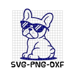 Peut inclure: Un graphique en ligne bleu foncé représentant un bouledogue français portant des lunettes de soleil, placé sur un fond quadrillé blanc. Le texte SVG-PNG-DXF est imprimé en caractères noirs gras et arrondis sous l'illustration du chien.