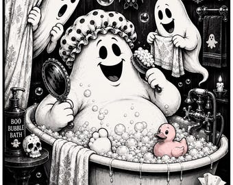 Funny Ghost Bathroom Wall Art Printable | Gothic Halloween Bathroom Decor | Pink Rubber Duck | 2:3 Ratio | 300 DPI Digital Download