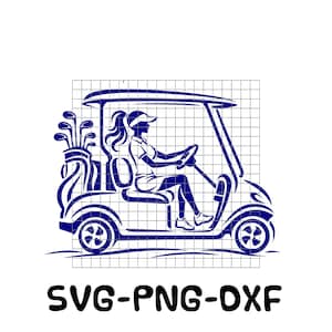 Puede incluir: Un gráfico azul marino de una mujer conduciendo un carrito de golf, con palos de golf en la parte trasera. El texto "SVG-PNG-OXF" está en la parte inferior. La imagen está sobre un fondo de cuadrícula.