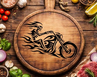 Chopper squelette SVG PNG DXF | Autocollant flammes moto | Clipart motard gothique | Style tatouage noir et blanc | Découpe vinyle Cricut Silhouette