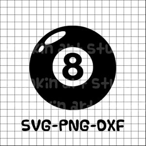 Könnte beinhalten: Schwarz-weiße Grafik einer Billardkugel mit der Nummer 8 in der Mitte. Unterhalb der Kugel steht der Text "SVG-PNG-DXF". Der Hintergrund ist ein Raster.