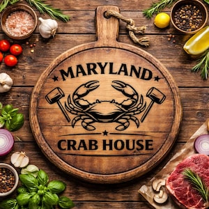 May include: A round wooden cutting board with a handle, featuring the words "MARYLAND CRAB HOUSE" and a crab illustration. The board is surrounded by ingredients like tomatoes, garlic, and herbs.