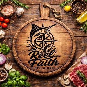 May include: A round wooden cutting board with a handle and a rope. The board features a black marlin fish design with the words "Reel Faith Offshore". The board is surrounded by ingredients like tomatoes, garlic, and herbs.