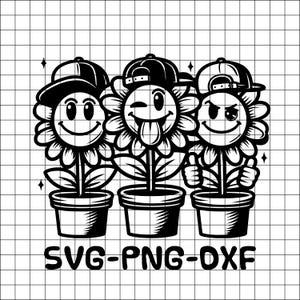 Puede incluir: Ilustración en blanco y negro de tres girasoles sonrientes con gorras de béisbol. Los girasoles tienen diferentes expresiones. El texto "SVG-PNG-DXF" se encuentra en la parte inferior.