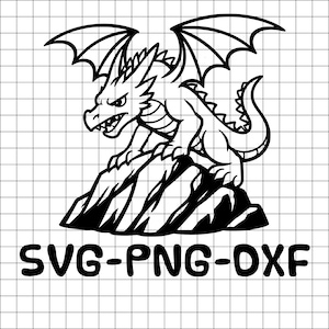 May include: Black and white illustration of a dragon perched on a rocky surface, with wings spread. The dragon has an angry expression. The text "SVG-PNG-DXF" is at the bottom.