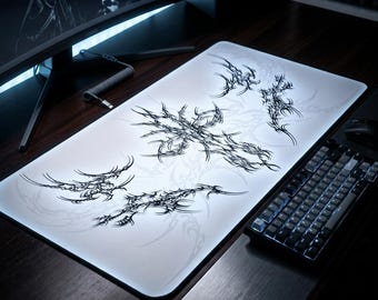 Desk Mat, Glitched Cybersigilism, Mouse Pad, Computer Desk Accessories, Office Decor, Cyberpunk Workspace, Tech Gift