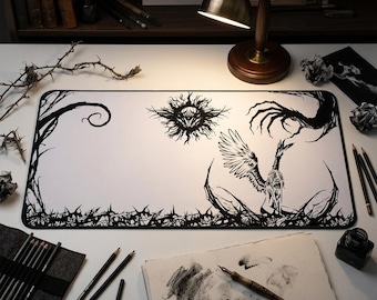 Dark Gothic Angel Neotribal Cybersigilism Desk Mat | Cyberpunk Altar Mousepad