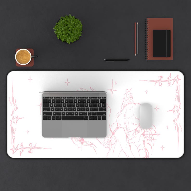 Captured Stars Angel Sketch Desk Mat | Pastel Pink Illustration, Large Mouse Pad image 5
