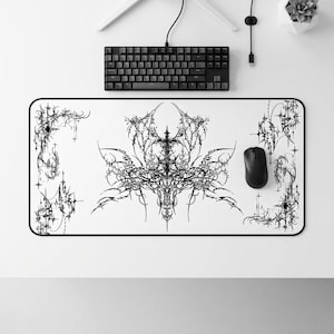 Ornate Gothic Symmetric Illustration Desk Mat | Black White Tattoo Style image 3