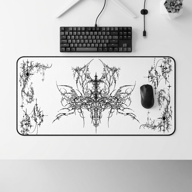 Ornate Gothic Symmetric Illustration Desk Mat | Black White Tattoo Style image 3