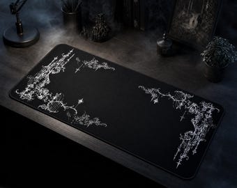 Verzierte gotische Schreibtischunterlage im Vigil-Stil, Mauspad im Cybersigilismus-Design, weiß-schwarze Gaming-Schreibtischunterlage, dunkle Schreibtischdekoration