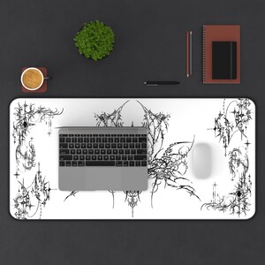 Ornate Gothic Symmetric Illustration Desk Mat | Black White Tattoo Style image 5