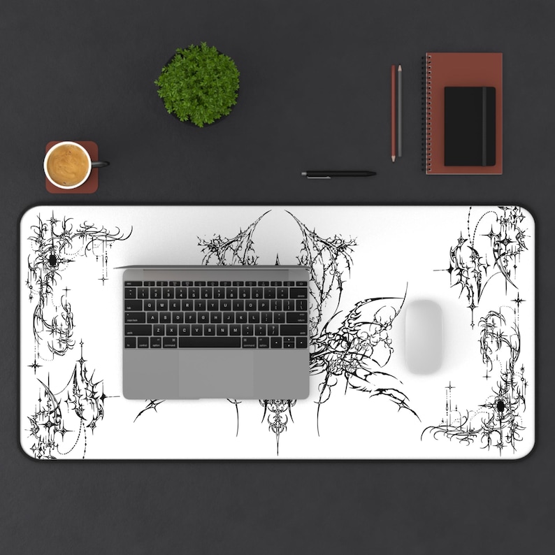 Ornate Gothic Symmetric Illustration Desk Mat | Black White Tattoo Style image 5