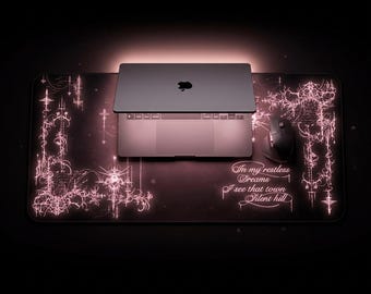 Pink Silent Hill Gothic Chandelier Script Desk Mat | Black Keyboard Mouse Pad